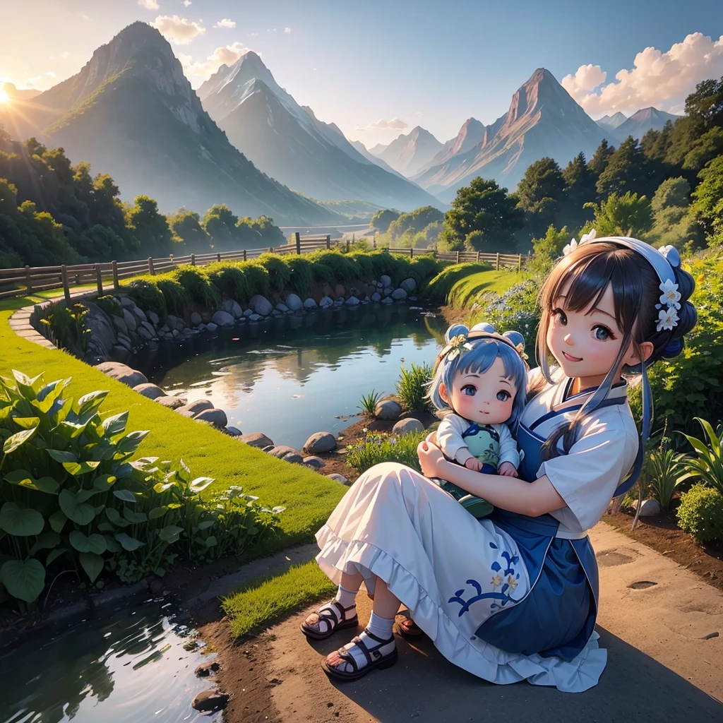 A cute  chibi anime girl , blue and white hanfu, is planting vegetables in a garden, surrounded by various vegetables. Behind the scene are mountains, a river flows by. The sunlight hits her face. Sunset. A bucket of water is placed beside her.smiling.