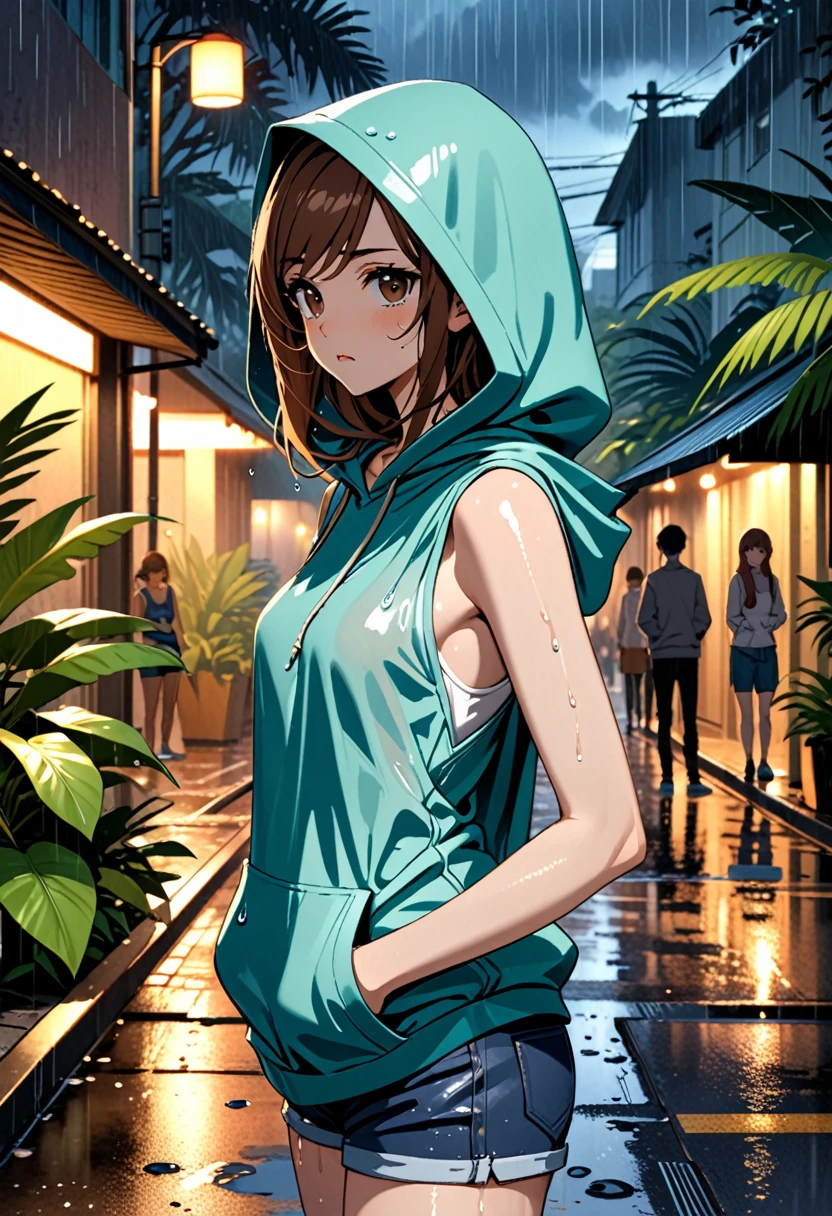 【Highest Quality, masutepiece】 [young woman, expressioness,deep brown eyes, from side, adjusting hood,swept bangs, very loving brown hair, teal knit cloth, jean shorts, sleeveless teal hoodie, hood up, stoic, hands in pockets, Upper body] (Gloomy background:1.2),small breasts ,street at dusk, rain, puddles, tropical plants, trees, people in background, wet skin, wet clothes