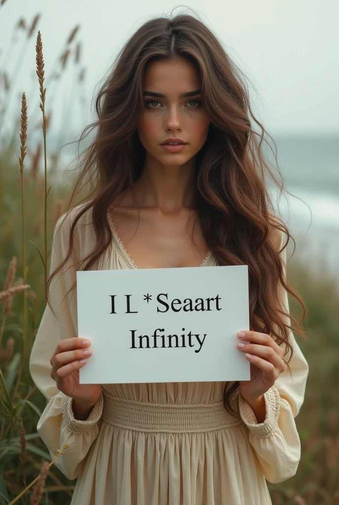 Beautiful girl with wavy long hair, bohemian dress, holding a white board with text "I Love Seaart Infinity" and showing it to the viewer