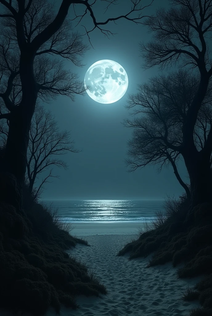 A background for a scary story, that has the beach and it is night in the middle of the moon and bushes, trees surrounding the beach and it is round in grey and black