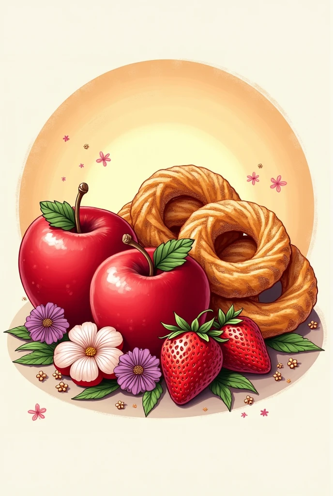 A logo for a dessert shop, that has apples, strawberries and churros 