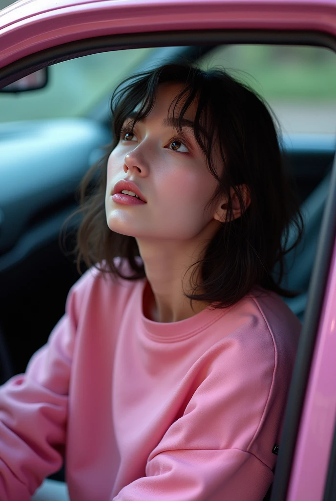 high angle photo of a beautiful young girl in cyberpunk style, textura de pele realista, look up,pink sweatshirt,posing in a car, 1 / 2-body cut, 8 5mm art lenses, f1. 2, sharp focus, 8K high definition, insanely detaileda, intrikate, chic, Art by Stanley Lau and Cyberpunk