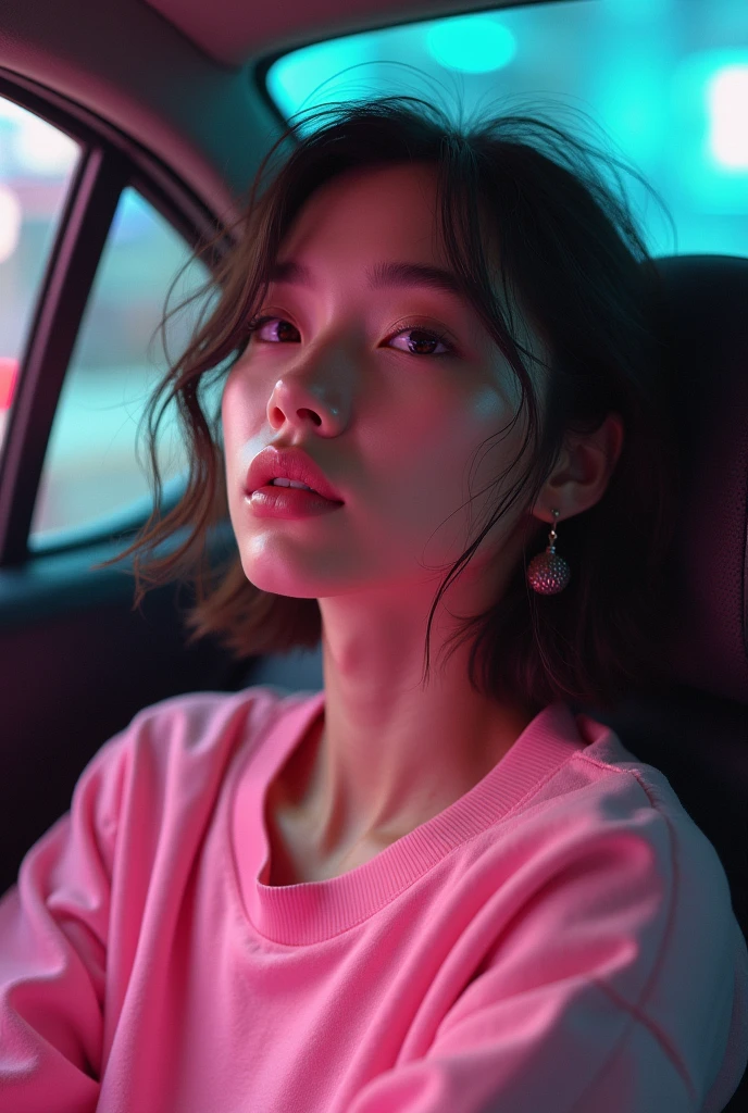 high angle photo of a beautiful young girl in cyberpunk style, textura de pele realista, look up,pink sweatshirt,posing in a car, 1 / 2-body cut, 8 5mm art lenses, f1. 2, sharp focus, 8K high definition, insanely detaileda, intrikate, chic, Art by Stanley Lau and Cyberpunk