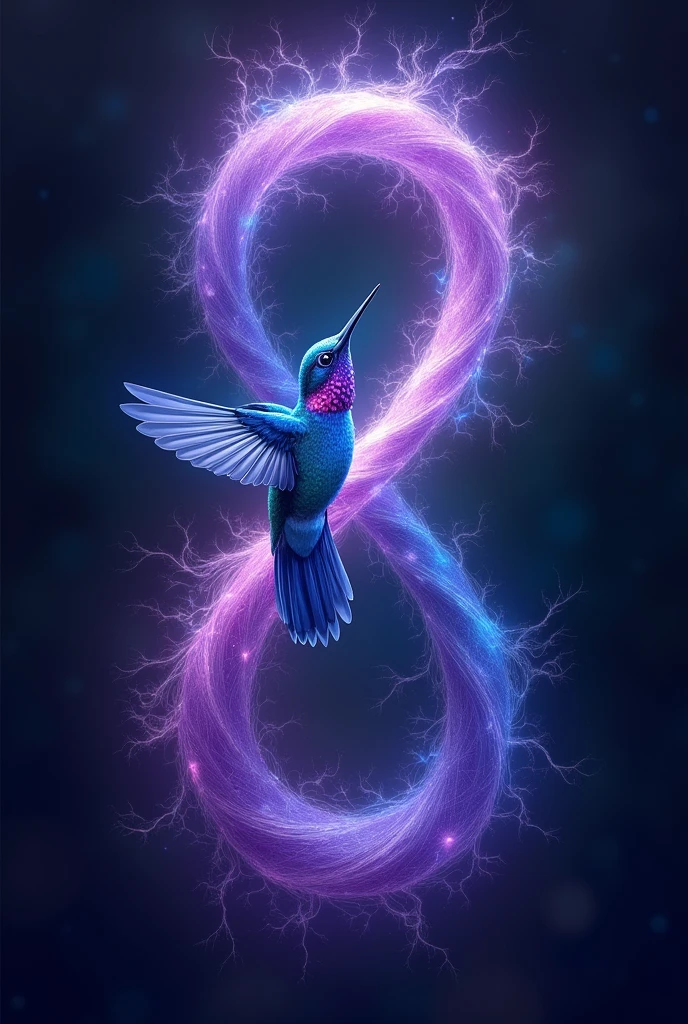 Black background, Infinity symbol made with violet rays and a blue-purple hummingbird and its tail merging with the infinity symbol, add a diffuse spiral of 7 rainbow colors surrounding the hummingbird and the infinity symbol