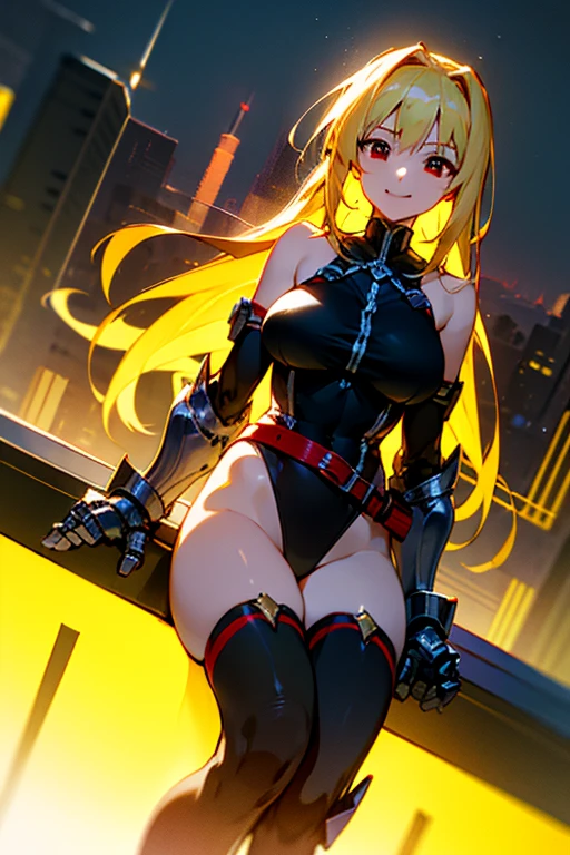 ((masterpiece)), ((best quality)),
1girl, solo, blonde hair, red eyes, black leotard, red belts, arm belt, big breasts, black thighhighs, masterpiece, best quality, cool, bare shoulders, gauntlets, smile,
sitting on edge of skyscraper, sunset,
cinematic lighting, beautiful, soft lighting, insane detail, absurdres, 8k uhd, light particles,