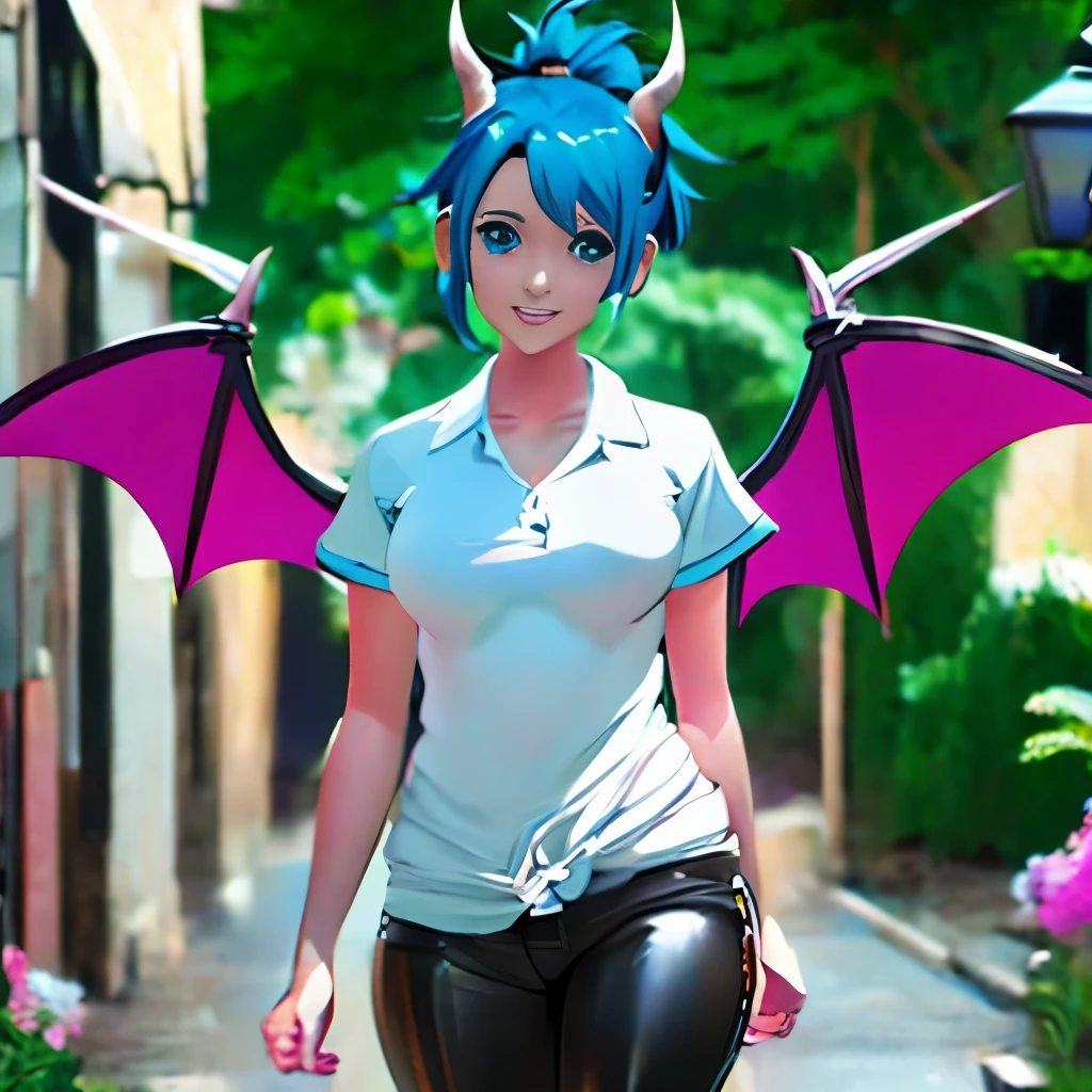 Anime girl with blue hair and horns on a street, 3D realistic anime, 2. 5 d cgi anime fantasy artwork, anime style 3d, anime style. 8k, 4k anime style, 3d style realistic anime, deviantart artstation cgscosiety, digital anime art, guweiz style art art, detailed digital anime art, white shirt, dragon wings