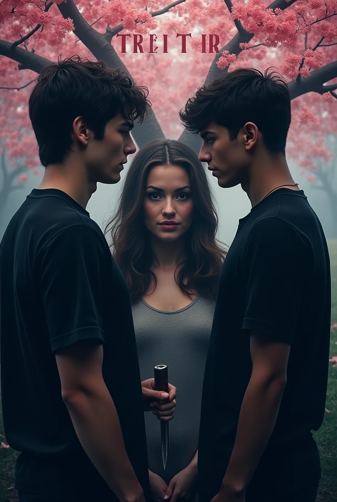 Make a cover where there are two boys with their backs to each other without seeing their faces and one of them has a knife., In the middle a pretty smiling girl with a title that says "TRAITOR"and in the background a cherry tree,HD Forum