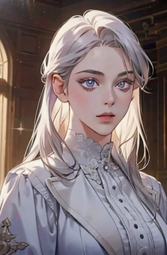 a determined victorian era woman in her early 30's wearing white academic robes, scholarly, in library, straight white medium-length hair, striking purple eyes, detailed realistic portrait, photorealistic, hyperrealistic, 8k, detailed clothing, beautiful detailed eyes, beautiful detailed lips, extremely detailed face, intricate ornate details, cinematic lighting, dramatic shadows, warm color tones, natural lighting, highly detailed, masterpiece, artstation, sharp focus, hyper detailed, half body