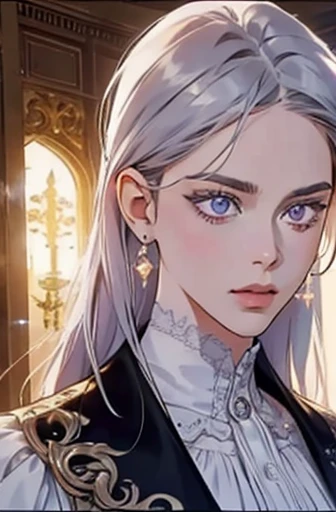 a determined victorian era woman in her early 30's wearing white academic robes, scholarly, in library, straight white medium-length hair, striking purple eyes, detailed realistic portrait, photorealistic, hyperrealistic, 8k, detailed clothing, beautiful detailed eyes, beautiful detailed lips, extremely detailed face, intricate ornate details, cinematic lighting, dramatic shadows, warm color tones, natural lighting, highly detailed, masterpiece, artstation, sharp focus, hyper detailed, half body