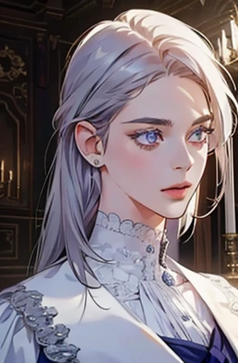 a determined victorian era woman in her early 30's wearing white academic robes, scholarly, in library, straight white medium-length hair, striking purple eyes, detailed realistic portrait, photorealistic, hyperrealistic, 8k, detailed clothing, beautiful detailed eyes, beautiful detailed lips, extremely detailed face, intricate ornate details, cinematic lighting, dramatic shadows, warm color tones, natural lighting, highly detailed, masterpiece, artstation, sharp focus, hyper detailed, half body