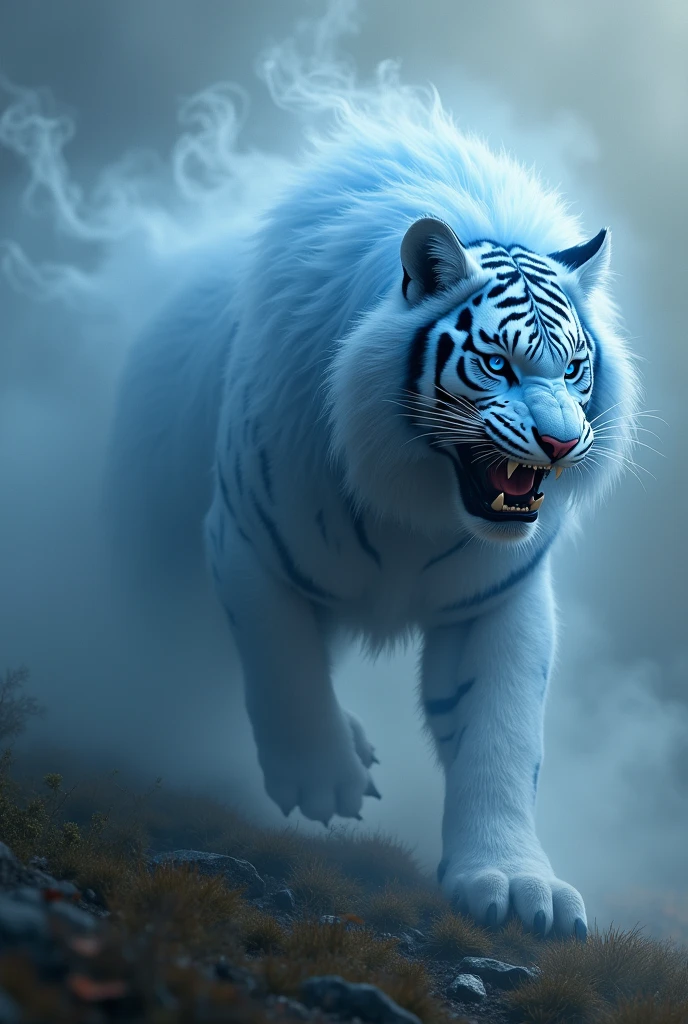 This imposing creature is a tiger with a coat made of thick fog. His body seems to constantly fade and reform., as if in a perpetual state between the physical and ethereal world. His eyes shine with a deep blue, and its roar resounds like thunder in the distance. The Tigrana of Mist is capable of crossing any physical barrier, appearing and disappearing at will. It is said to be a guardian of the secrets of time and that, when seeing her, One can receive visions of the future or the past.