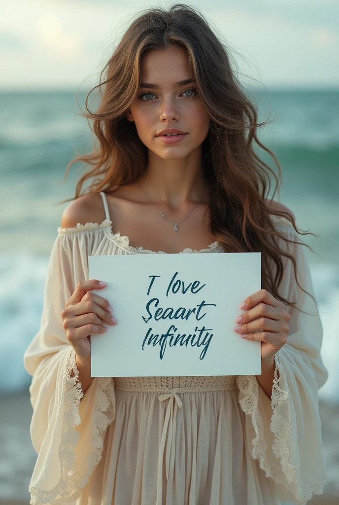 Beautiful girl with wavy long hair, bohemian dress, holding a white board with text "I Love Seaart Infinity" and showing it to the viewer