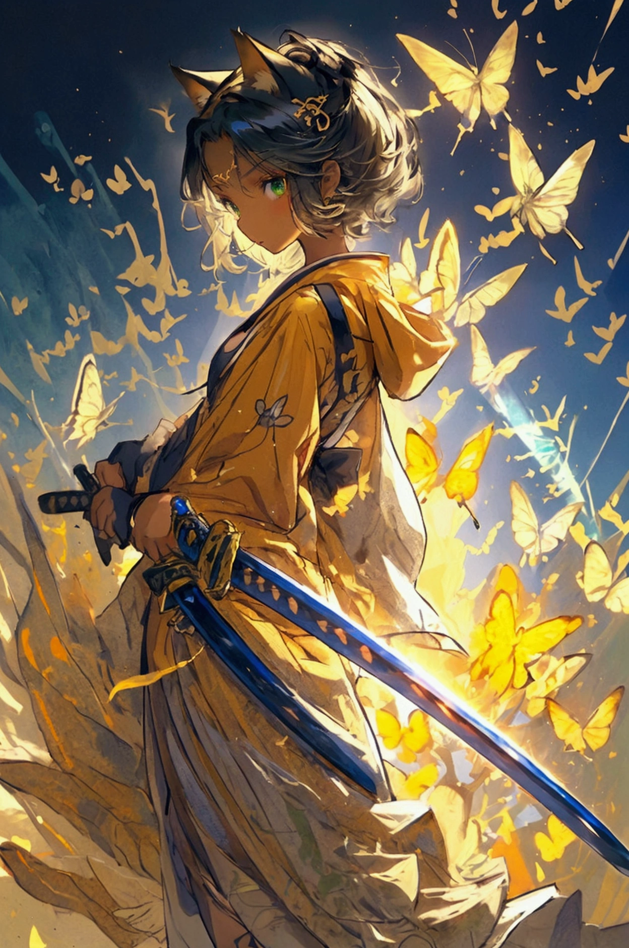 Highest quality: 1.3), (masterpiece: 1.3), (超detailed: 1.3), (wallpaper, 1 girl, , (detailed),One elementary school girl,Anime girl dressed in black and gold with a cat hoodie, Black and gold hoodie,Hooded,short hair,A woman wearing a hakama with her belly button exposed,Cat ear,Green Eyes,short hair,Blonde,tail,, flat chest,Background wall,(dark tan skin), (dark-skinned female, tanned),Big sword,sword,Japanese sword,赤いオーラをbutterflyが身にまとう,butterfly々