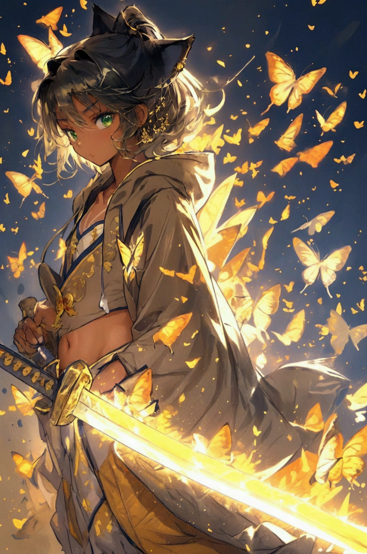 Highest quality: 1.3), (masterpiece: 1.3), (超detailed: 1.3), (wallpaper, 1 girl, , (detailed),One elementary school girl,Anime girl dressed in black and gold with a cat hoodie, Black and gold hoodie,Hooded,short hair,A woman wearing a hakama with her belly button exposed,Cat ear,Green Eyes,short hair,Blonde,tail,, flat chest,Background wall,(dark tan skin), (dark-skinned female, tanned),Big sword,sword,Japanese sword,赤いオーラをbutterflyが身にまとう,butterfly々