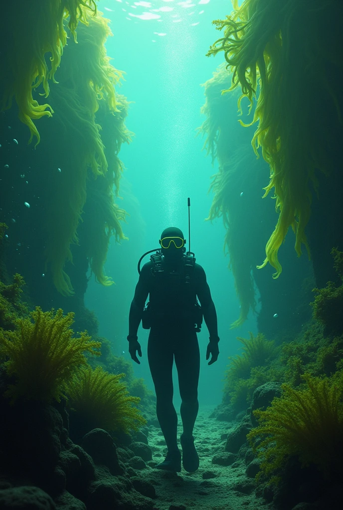 Make me a realistic image of a diver exploring a forest of giant algae. suddenly, Realistic luminescent hands emerge from the seaweed and drag him down.