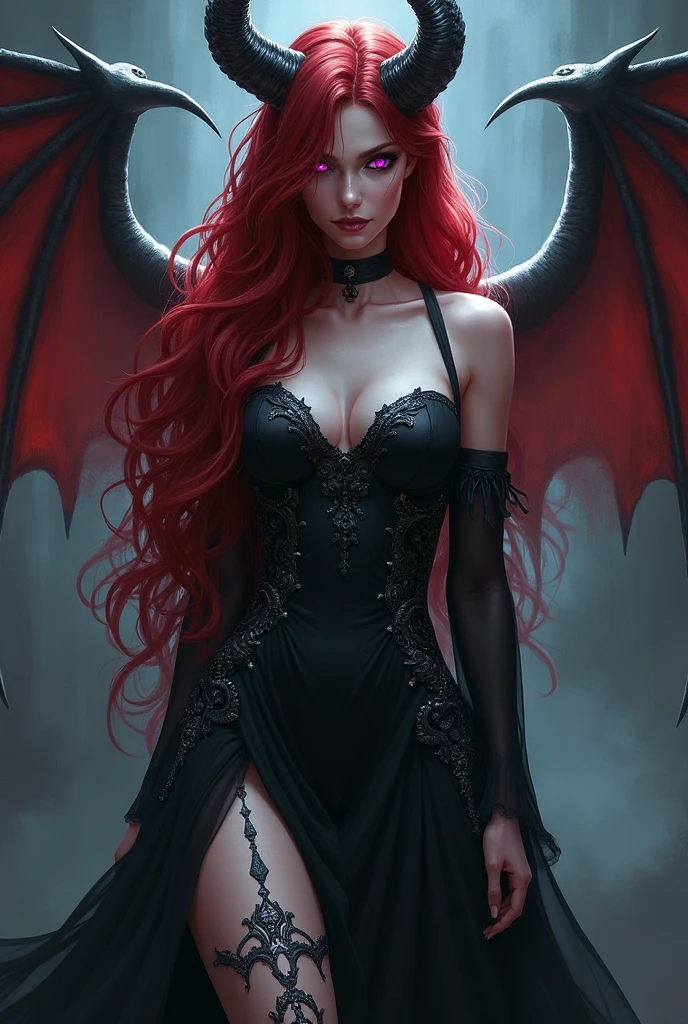 Demon with purple eyes, long red hair, Long horns pointing up and a black dress with adventures on the sides of the legs 