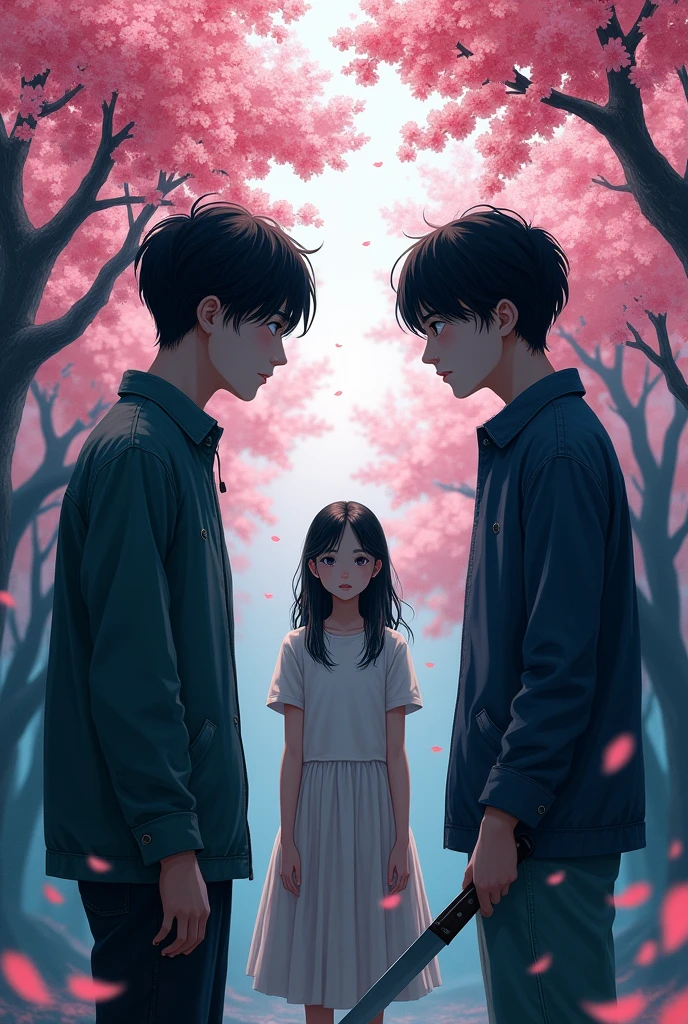 Make a cover where there are two boys with their backs to each other without seeing their faces and one of them has a knife., In the middle a pretty smiling Korean girl with a title that says "TRAITOR"and in the background a cherry tree,HD Forum