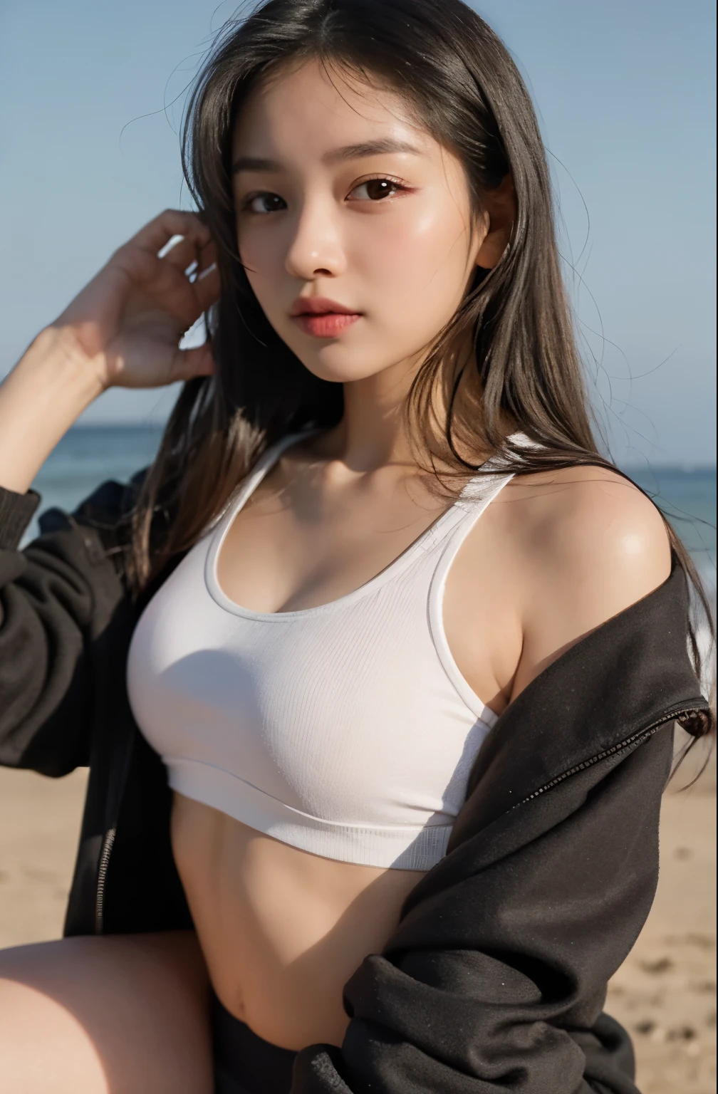 A young Asian woman with long black hair, wearing a white sports bra and matching underwear. She has a smooth and glowing complexion with a natural makeup look, featuring subtle blush and soft pink lips. The background is neutral, allowing the focus to be on her. She is slightly tilting her head, giving a soft, confident gaze. Her pose is relaxed yet poised, with one hand gently resting on a black jacket that is draped over her shoulders.