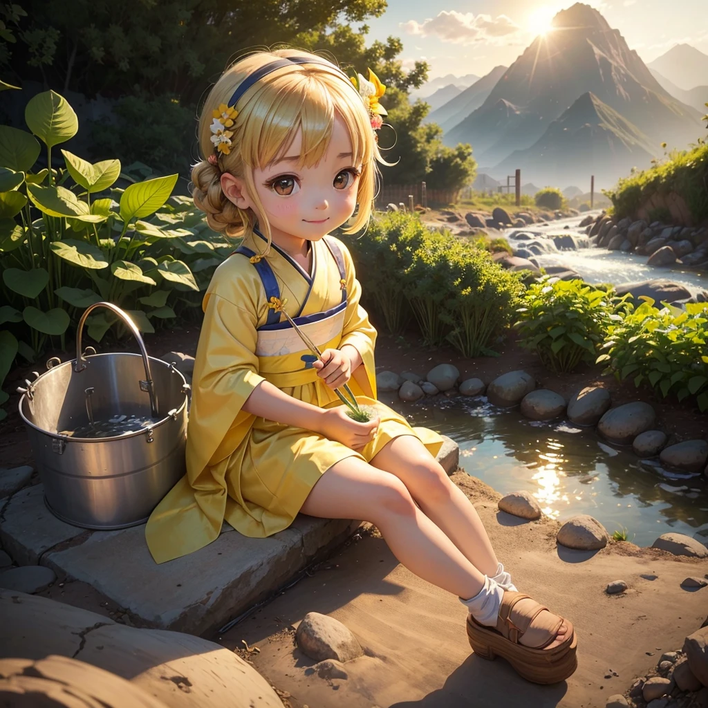 A cute baby chibi anime girl , yellow and white hanfu, is planting vegetables in a garden, surrounded by various vegetables. Behind the scene are mountains, a river flows by. The sunlight hits her face. Sunset. A bucket of water is placed beside her.smiling.