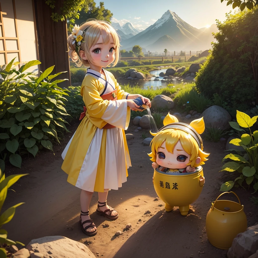 A cute baby chibi anime girl , yellow and white hanfu, is planting vegetables in a garden, surrounded by various vegetables. Behind the scene are mountains, a river flows by. The sunlight hits her face. Sunset. A bucket of water is placed beside her.smiling.