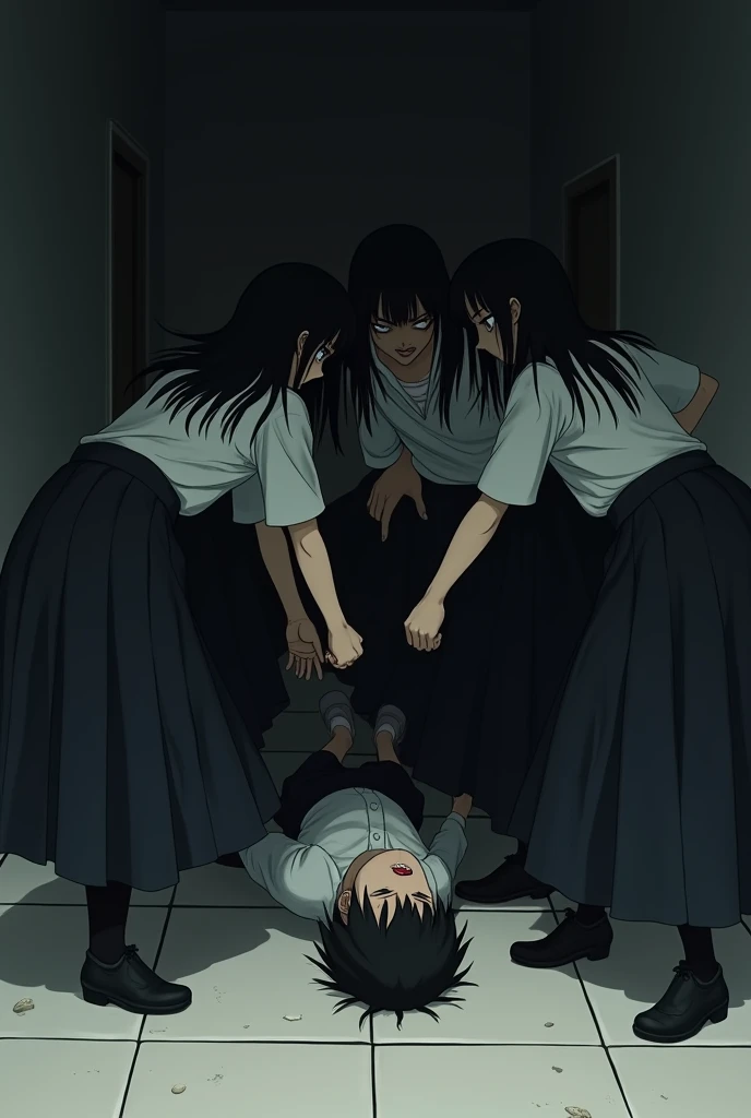 Group of school girls in long black skirts killing and strangling a boy on the floor in anime