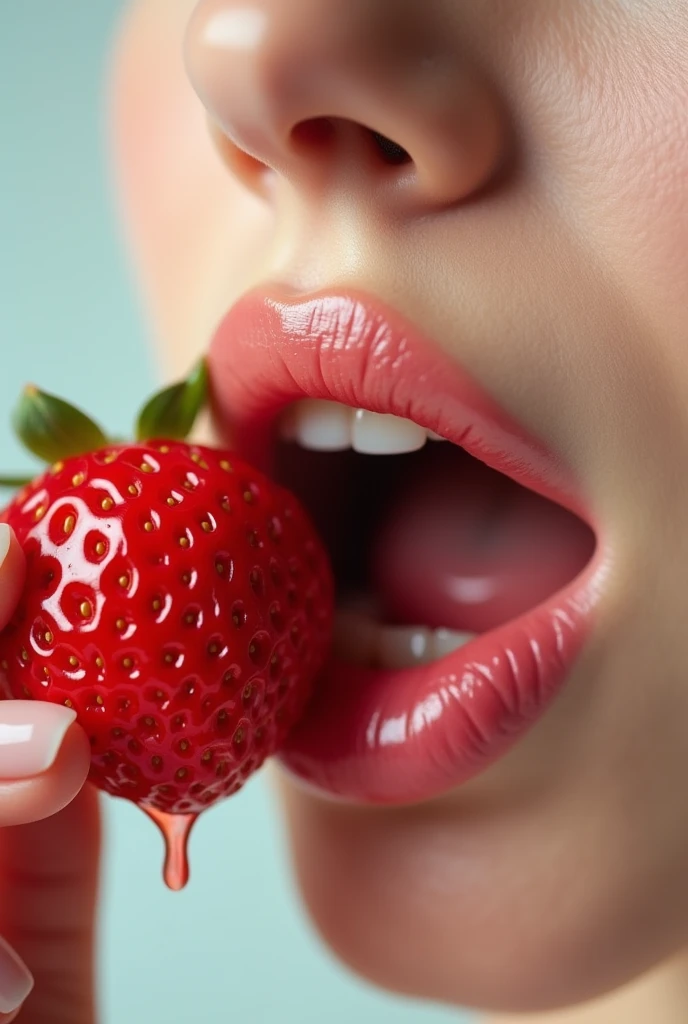 Frontal close-up of glossy female lips, pale skin tone, gently biting into a strawberry, with drops of juice shining on her lips, with soft pastel background.