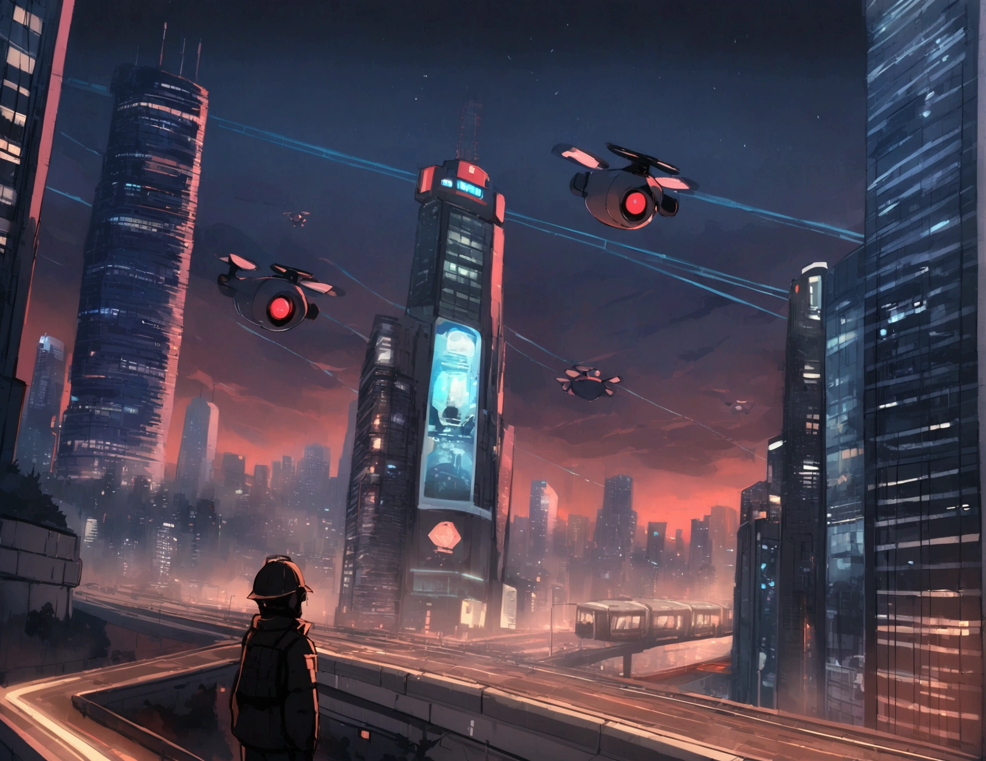 Vancouver Canada, Pokemon, Glass Buildings,, Pokemon Center, skyline of Vancouver, nighttime, dystopian, cyberpunk, supertall central skyscraper, security cameras, spy drones, dark red sky, smoggy skies, floating highways, flying police cars