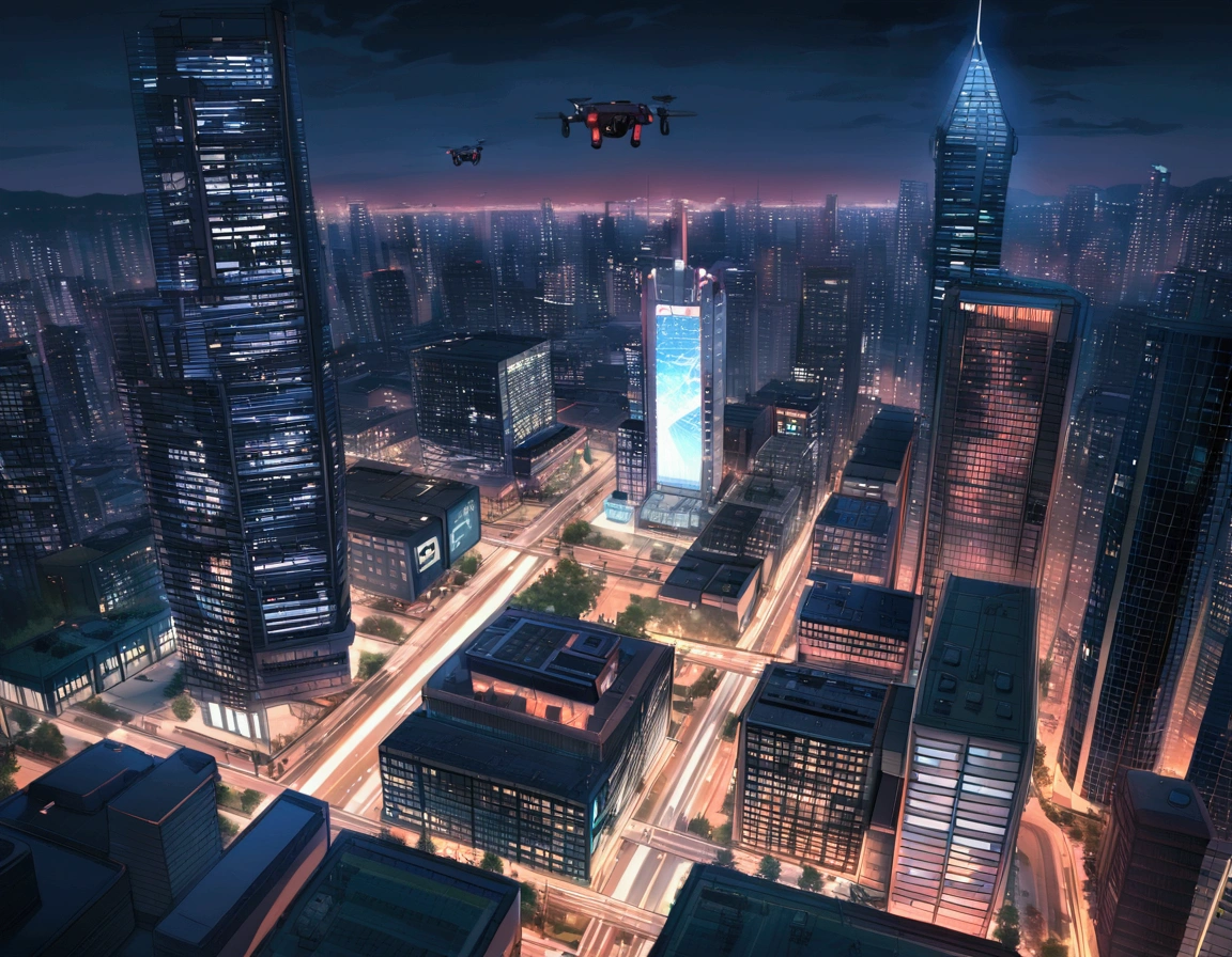 Vancouver Canada, Pokemon, Glass Buildings,, Pokemon Center, skyline of Vancouver, nighttime, dystopian, cyberpunk, supertall central skyscraper, security cameras, spy drones, dark red sky, smoggy skies, floating highways, flying police cars