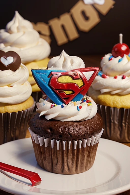 Generate a logo for a mini-business of cupcakes decorated with superheroes by placing the name of sweet moments