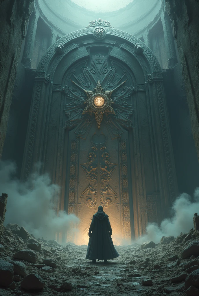 Final Boss Scenario:

Large and Destroyed Environment: A vast and imposing hall, with collapsed walls and collapsed structures all around.
Large and Intact Door: A huge door, still intact, made of a mysterious and imposing material, with ancient symbols and elaborate details in purple colors and golden carvings.
terrible atmosphere: An oppressive feeling, with an aura of power and imminent danger. smoke, Deep shadows and dim lights can highlight the environment.
detaileds: The floor may be covered in debris and dust, mens