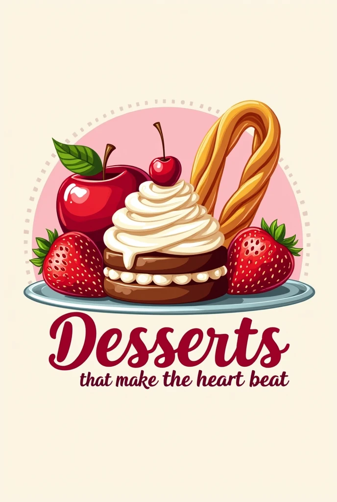 A logo for a dessert shop, that has apples, strawberries and churros, that is lively and has the phrase “desserts that make the heart beat”