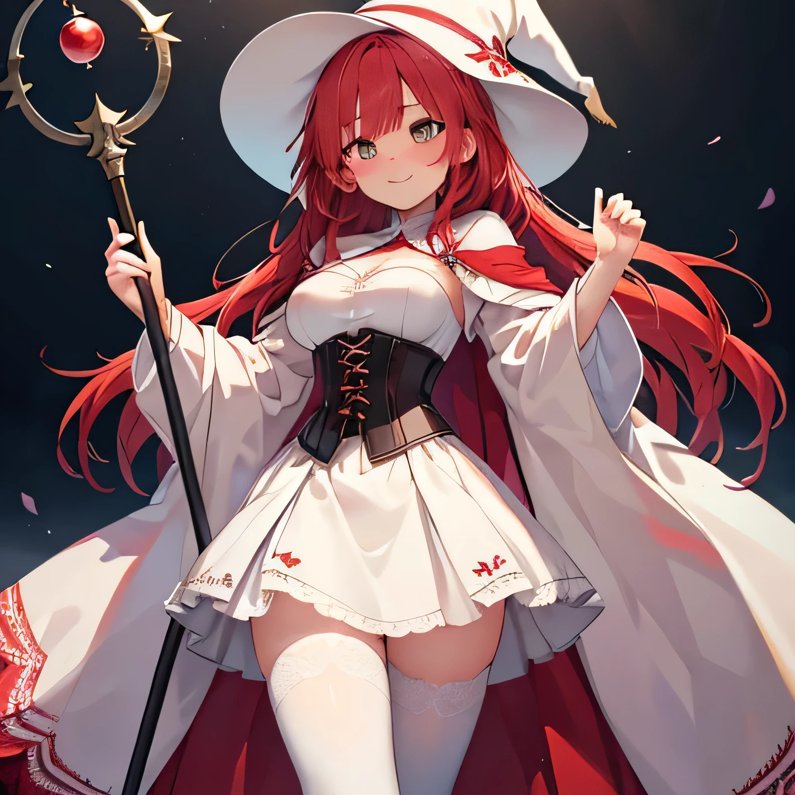 red hair girl, very long hair, Waist length hair, green eyes, sorceress, lovely smile, blushing cheeks, medium breasts. Short medieval dress, corset, White dress, White witch hat with red details, lace thigh high stockings, magic staff in his hands red