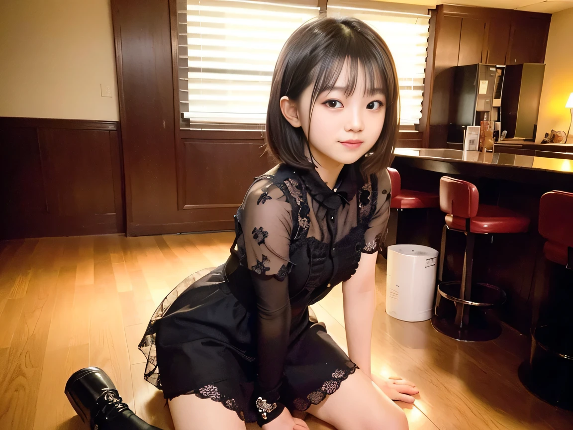 (Highest quality, masterpiece, Ultra-high resolution, 8k, RAW Photos, Realistic, Anatomically correct:1.5), 20-year-old girl:1.2, Embarrassing, avert your eyes, blush:1.0, View Viewer, ((bar)) 、Large windows、Night view、 Light:1.2, Bokeh, Cinema Lighting:1.0, Depth of written boundary, sharp、 Cute Face、Idol、(Black short sleeve lace top)、(Black tulle skirt)、”dwarf”、(Floral clothes)、(Full Body Shot)、(Side angle)、Cowboy Shot、(( smile))、((Ultra short hair、Berry Short))、(Straight bangs)、((See-through))、(( One Girl))、Waist、I can see your thighs、Shot from behind、Sexy pose、
