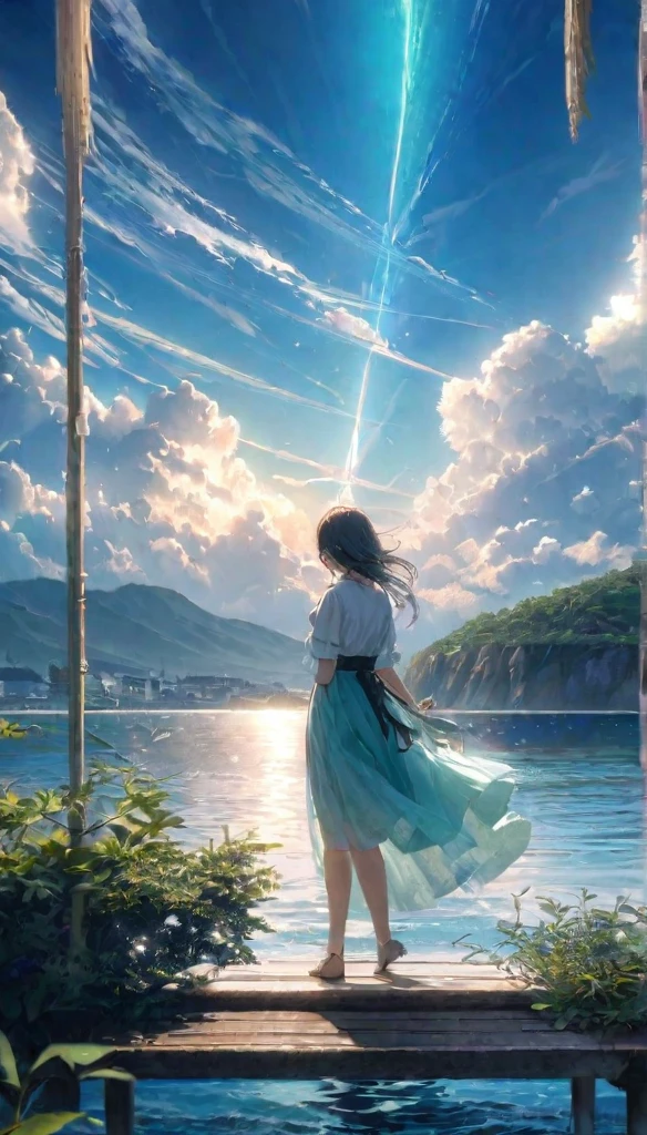 A girl is sitting on a pier with her back、Back view looking at the sea。There is a small island across the sea、Clouds are floating in the sky。The sunlight shines through the gaps in the clouds、Creating a fantastic scene。The sky is blue、The clouds are shining white、I can feel the wind blowing。wood々The leaves are slightly visible at the top.。 Paintings inspired by Makoto Shinkai, Beautiful anime scenery、Ultra-realistic, Anime movie background, Pixiv Topics、The sea water is clear、Seeing shades of green and blue、Flowing streaks of clouds can be seen in the sky、The sea is the main thing、