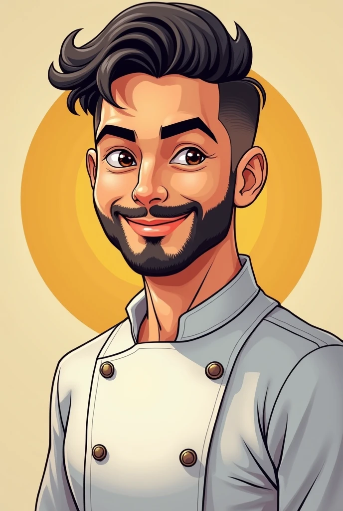 young and thin man, chef, with the eyebrow scratched, colors, sharp shadows, Love, Philippines,masculine, cheered up, half of the body, Colombian, cartoon, Logo circular, without hat, barba