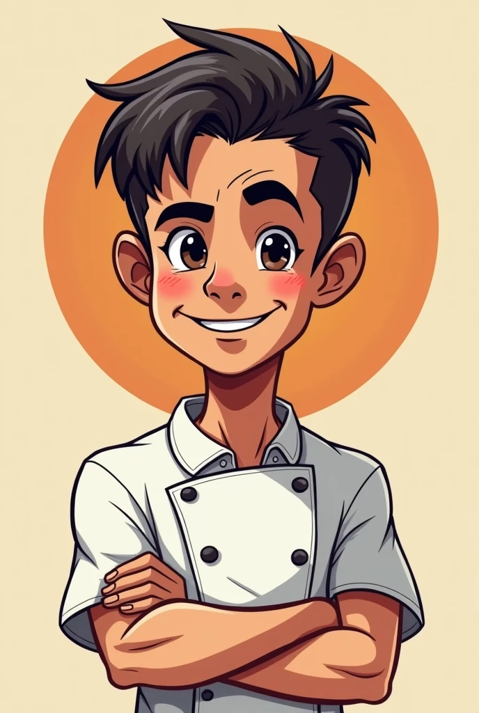 young and thin man, chef, with the eyebrow scratched, colors, sharp shadows, Love, Philippines,masculine, cheered up, half of the body, Colombian, cartoon, Logo circular, without hat, barba