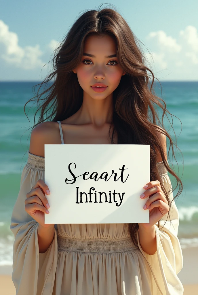 Beautiful girl with wavy long hair, bohemian dress, holding a white board with text "I Love Seaart Infinity" and showing it to the viewer