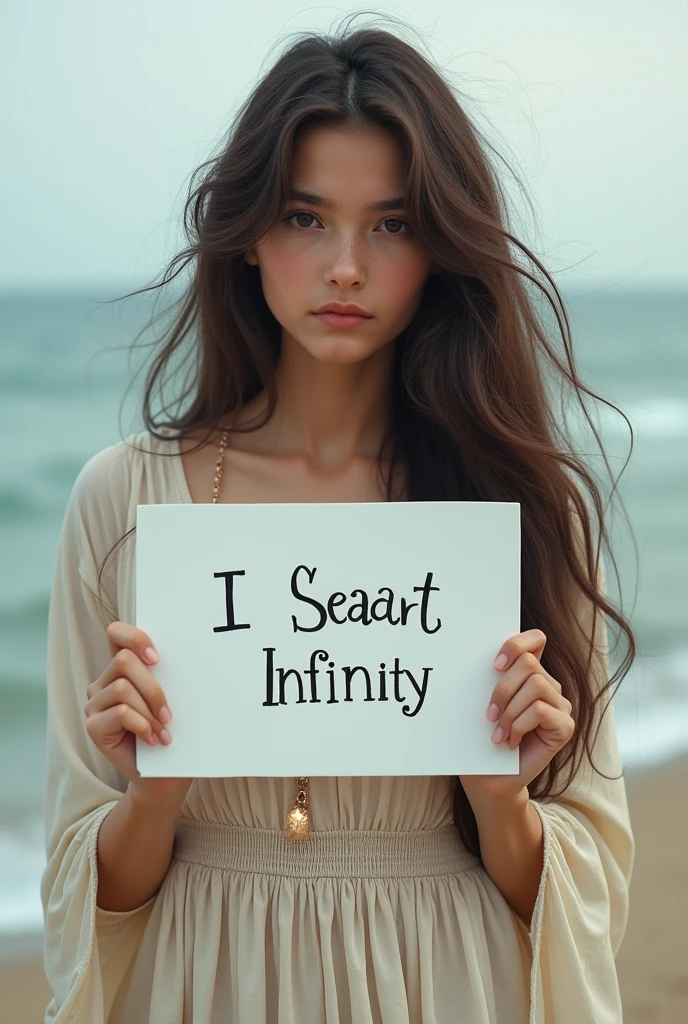 Beautiful girl with wavy long hair, bohemian dress, holding a white board with text "I Love Seaart Infinity" and showing it to the viewer