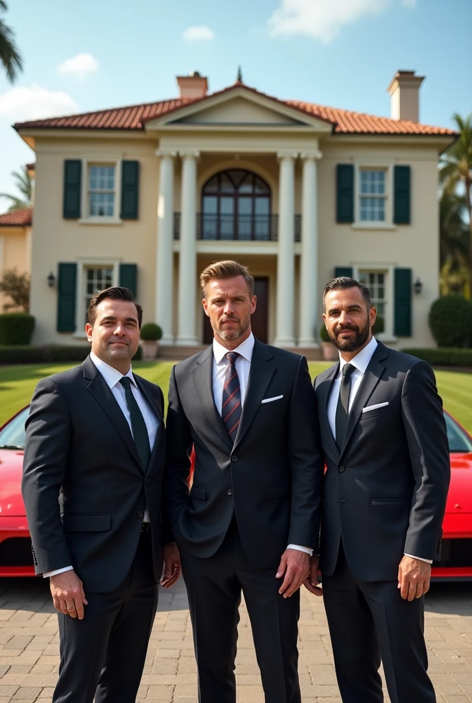 three man millionaire men in front of a mansion with cars (detailed) (Realist)