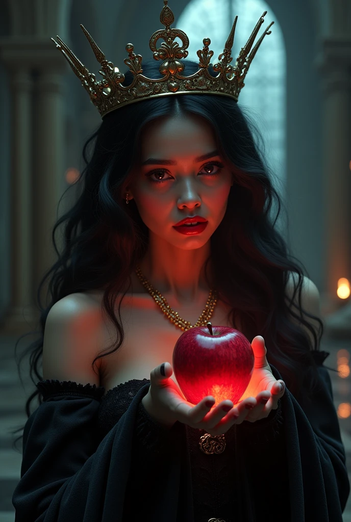 ((RAW Photo), absurd, (absurdresolution)), masterpiece, best quality, (Extremely detailed 8k unity CG wallpaper), (best illustration), (best shadow), Realistic lighting, beautiful detailed glow, ((21 years old)), girl, long black hair, black queen, accessories, apple in hand, poisoned apples, witch queen, red lipstick, (((Photographic Perspective of her)))