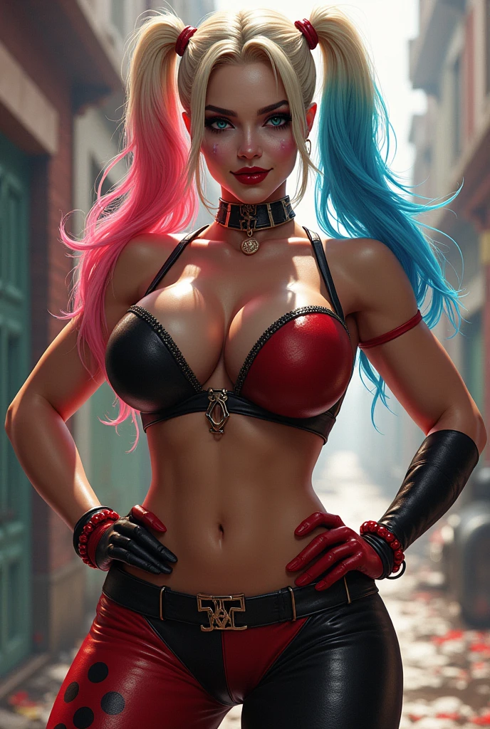 Harley Quinn wearing a skimpy miniskirt outfit, beautiful girl, nsfw, thick thighs, busty, cleavage, not safe for work, nipples, perfect vagina, trimmed pussy hair, thick pubic hair, dark inspired makeup, able to see nipples & pussy through clothing, stripclub background, sexy pose