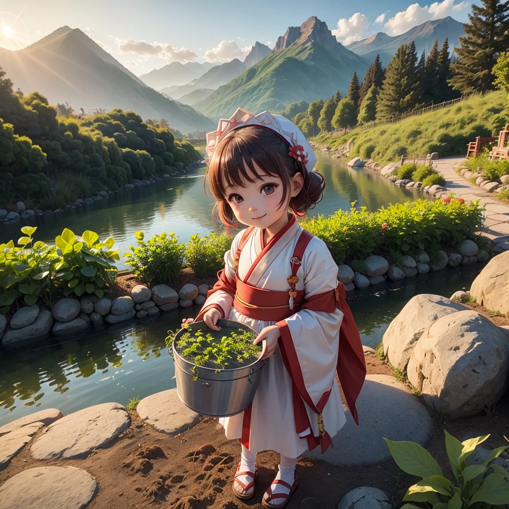 A cute baby chibi anime girl , red and white hanfu, is planting vegetables in a garden, surrounded by various vegetables. Behind the scene are mountains, a river flows by. The sunlight hits her face. Sunset. A bucket of water is placed beside her.smiling.