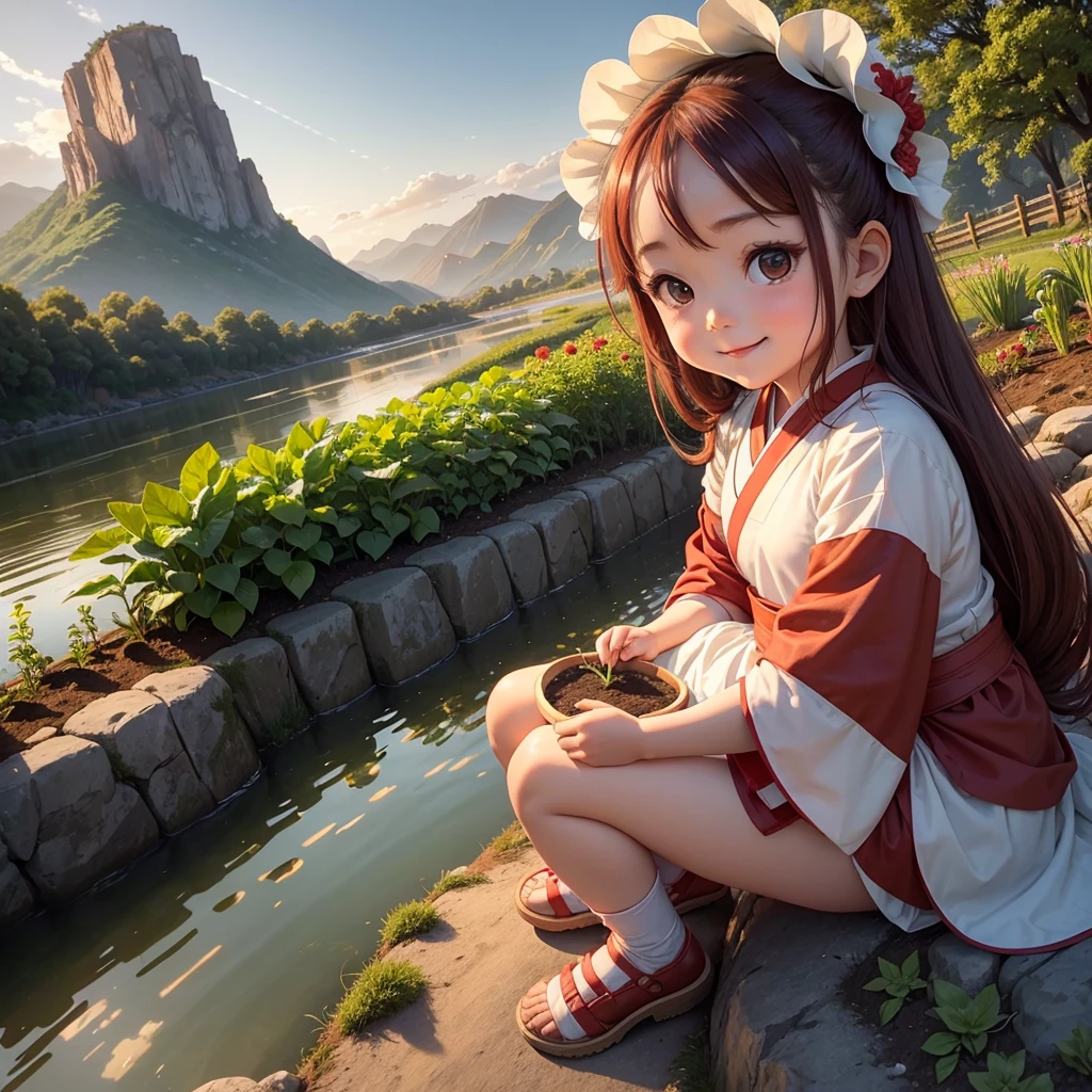 A cute  chibi anime girl , red and white hanfu, is planting vegetables in a garden, surrounded by various vegetables. Behind the scene are mountains, a river flows by. The sunlight hits her face. Sunset. A bucket of water is placed beside her.smiling.