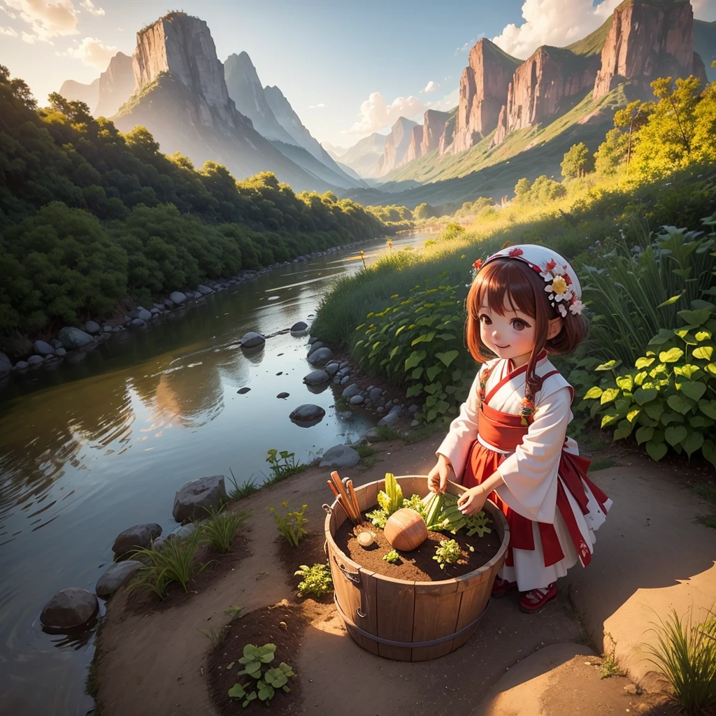 A cute baby chibi anime girl , red and white hanfu, is planting vegetables in a garden, surrounded by various vegetables. Behind the scene are mountains, a river flows by. The sunlight hits her face. Sunset. A bucket of water is placed beside her.smiling.
