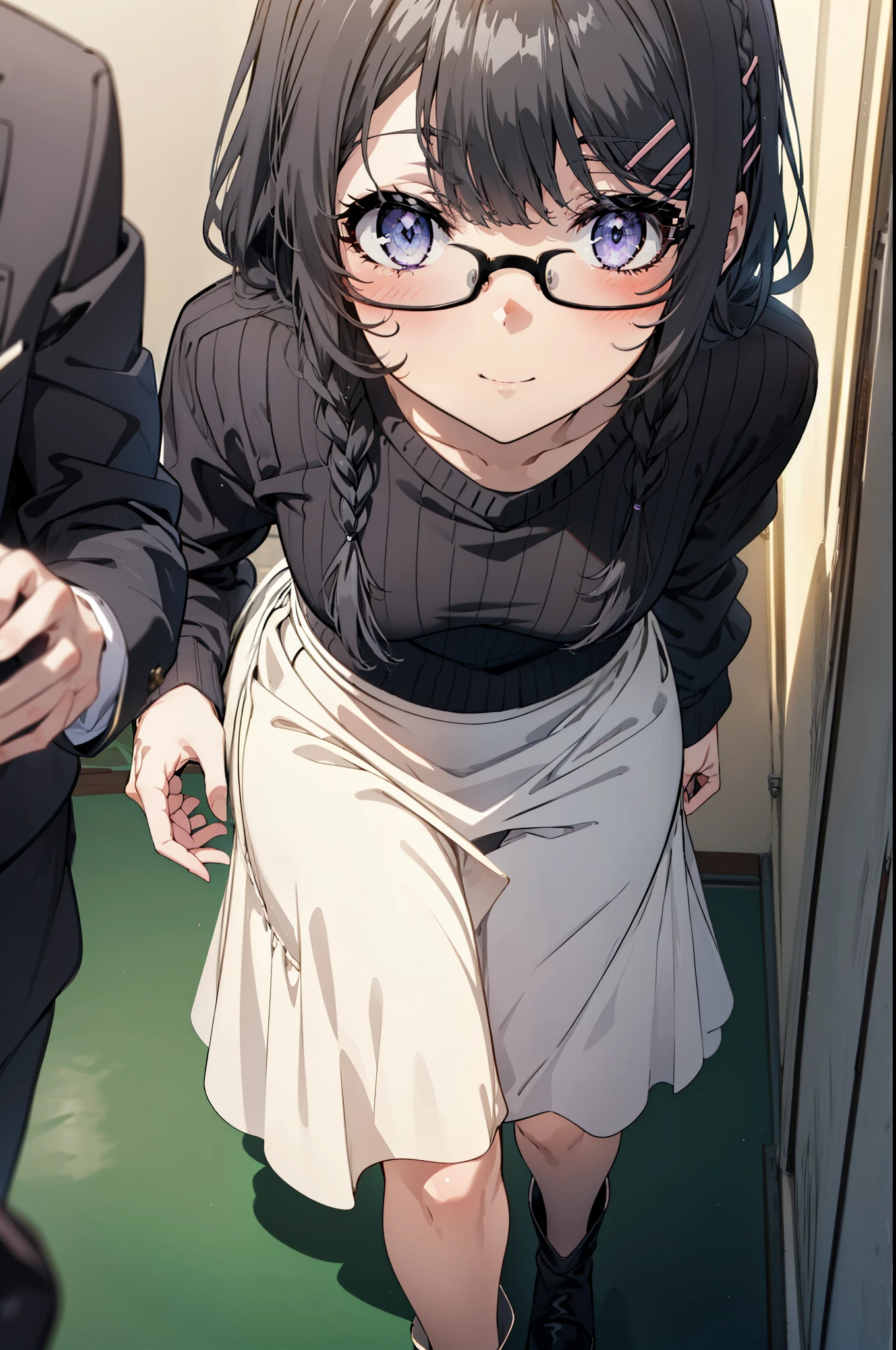 maisakurajima, mai sakurajima, Long braids, bangs, (Black Hair:1.5), hair ornaments, (Purple eyes:1.1), Hair Clip, rabbit hair ornaments,smile,blush,Glasses,One-shoulder sweater,Long skirt,Black pantyhose,short boots,Daytime,Clear skies,Walking,whole bodyがイラストに入るように,
break indoors, University corridor,
break looking at viewer, whole body,
break (masterpiece:1.2), Highest quality, High resolution, unity 8k wallpaper, (figure:0.8), (Beautiful attention to detail:1.6), Highly detailed face, Perfect lighting, Highly detailed CG, (Perfect hands, Perfect Anatomy),