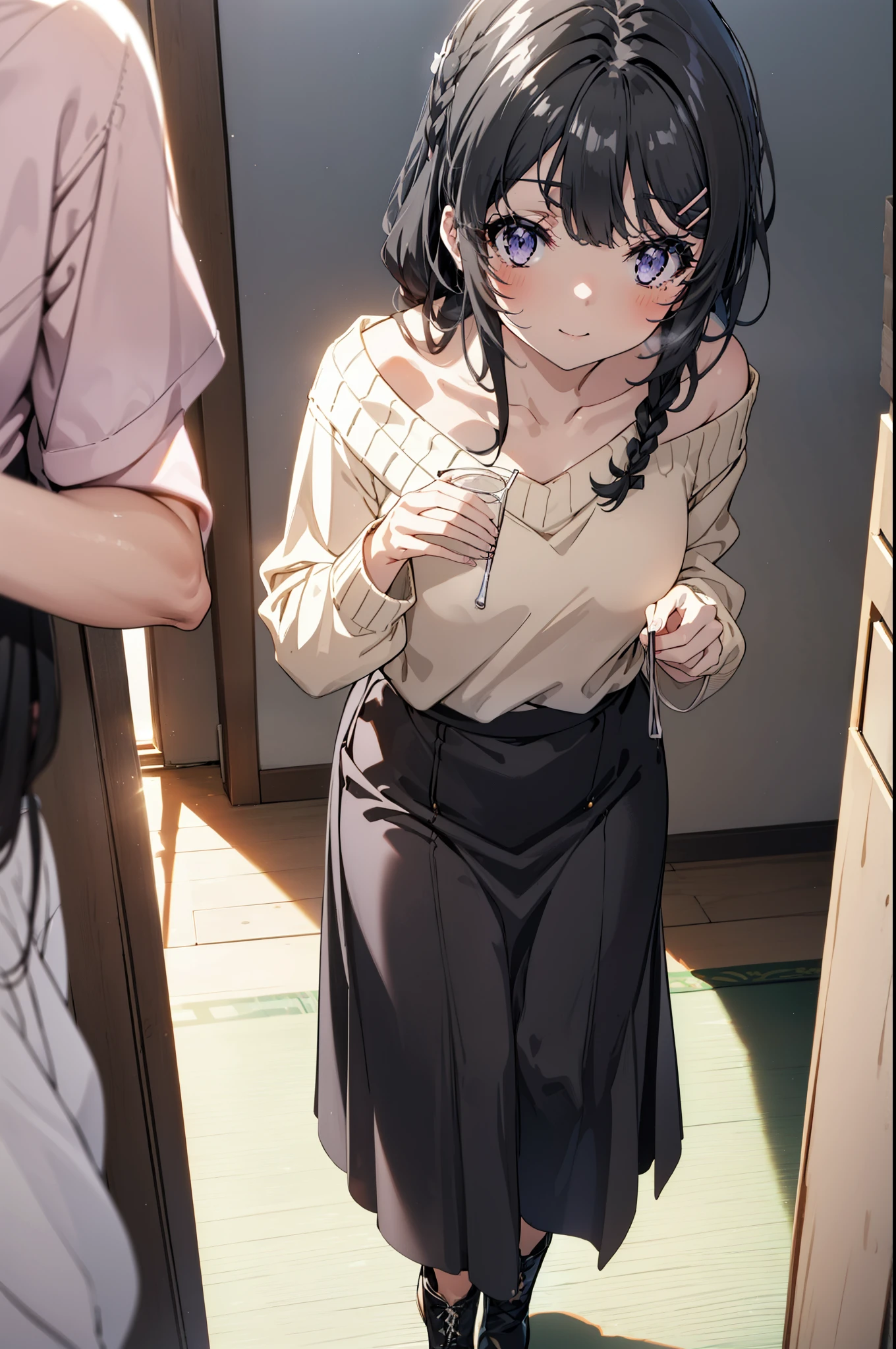 maisakurajima, mai sakurajima, Long braids, bangs, (Black Hair:1.5), hair ornaments, (Purple eyes:1.1), Hair Clip, rabbit hair ornaments,smile,blush,Glasses,One-shoulder sweater,Long skirt,Black pantyhose,short boots,Daytime,Clear skies,Walking,whole bodyがイラストに入るように,
break indoors, University corridor,
break looking at viewer, whole body,
break (masterpiece:1.2), Highest quality, High resolution, unity 8k wallpaper, (figure:0.8), (Beautiful attention to detail:1.6), Highly detailed face, Perfect lighting, Highly detailed CG, (Perfect hands, Perfect Anatomy),