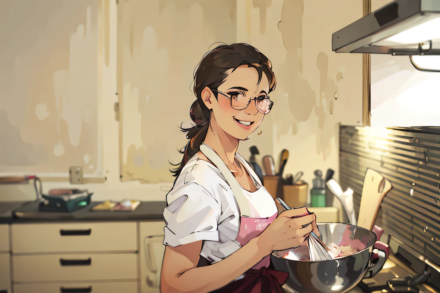 a woman with glasses , 55 years old, in apron , smiling and looking at the cake, while you finish your cake. a beautiful and detailed pink birthday cake, some kitchen utensils on the table, the place is a grocery store, with cozy decoration, the image must be cartoon style, watercolor