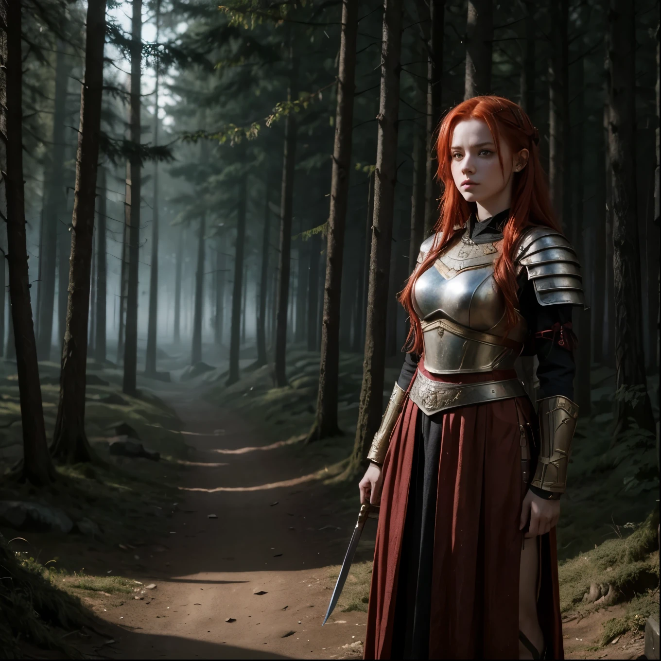 Girl with red hair dressed in ancient combat clothing on a night in a dark forest. Combat sword in hand. black eyes.