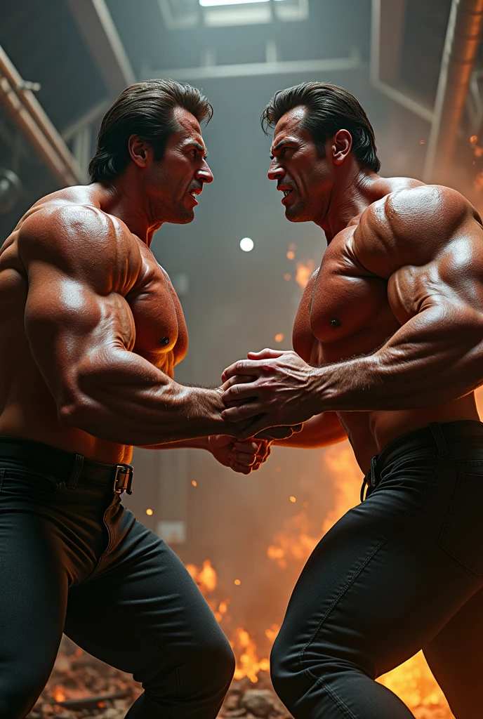 Make Sylvester Stallone fight Arnold Schwarzenegger. I want them more muscular and angry with each other 