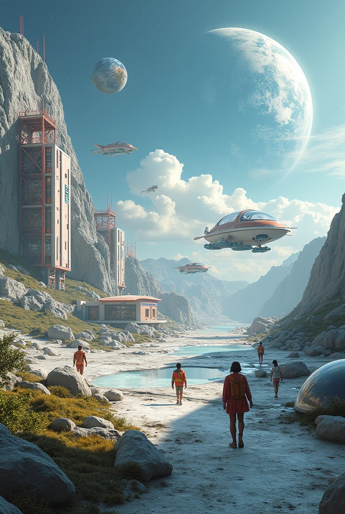 Science in the future world, building houses on the moon, having flying cars, people building houses underwater 